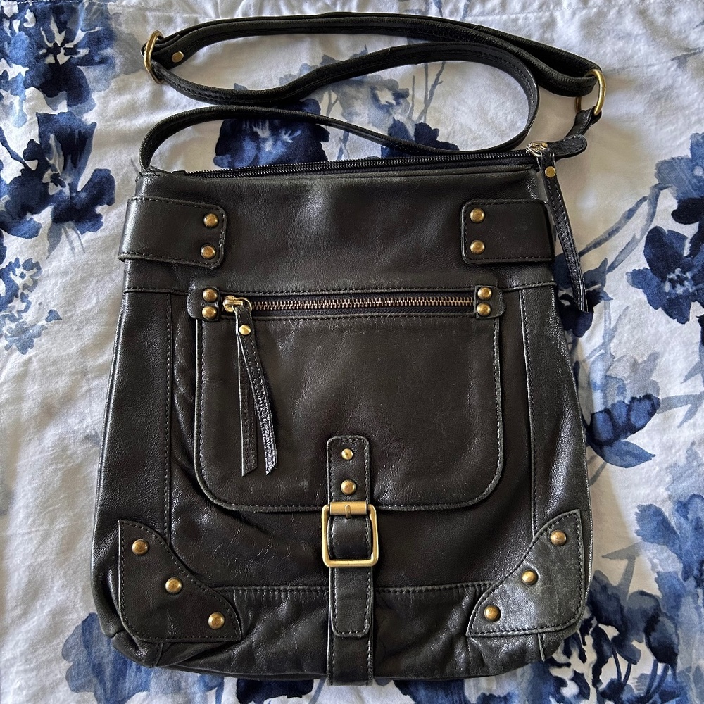Tano Vintage Boho Black Leather / Brass Studded Crossbody Handbag